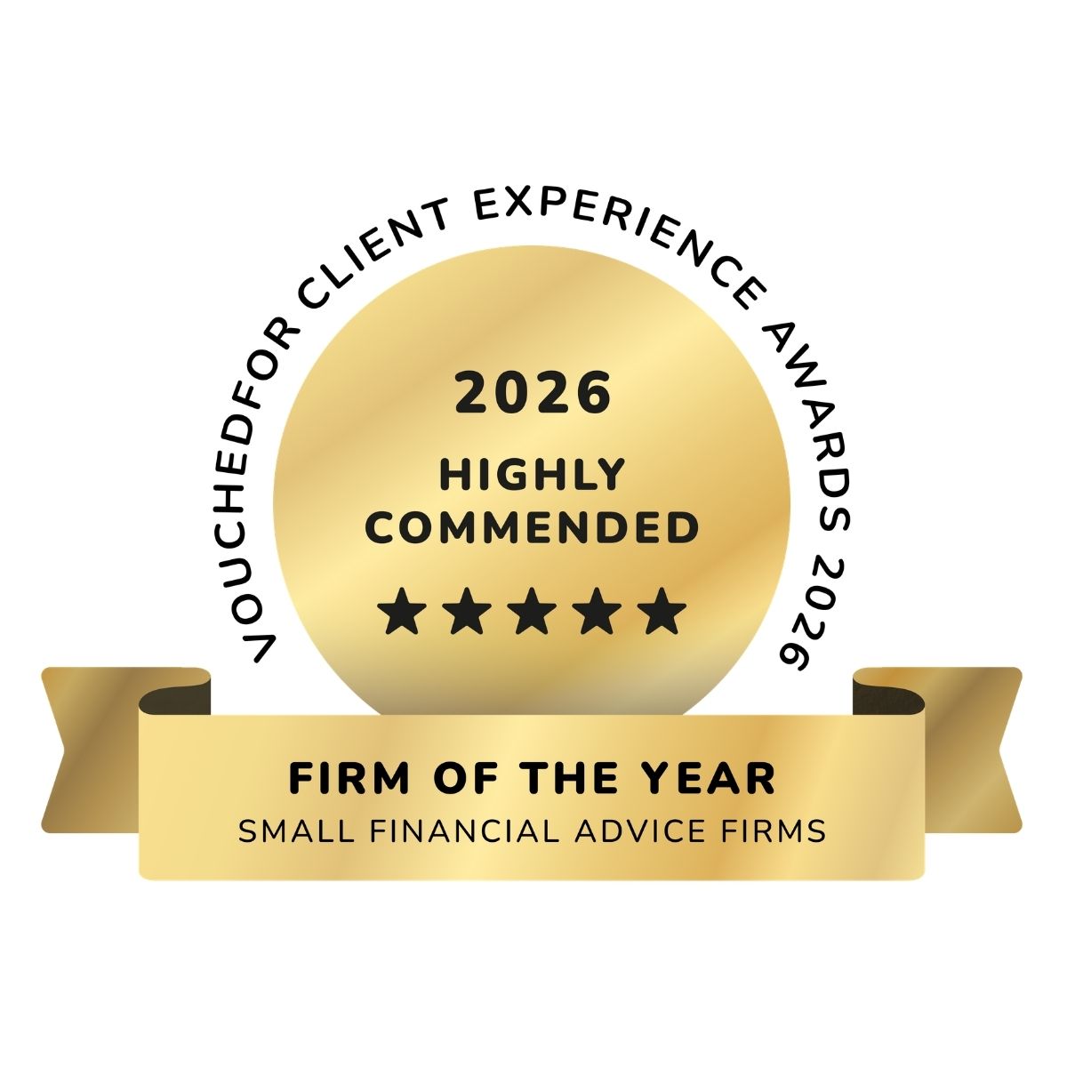 VouchedFor graphic showing highly commended for the Small Firm of the Year at their Client Experience Awards 2026