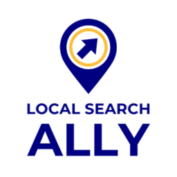 A navy blue map pin with golden yellow circle and a an arrow pointing up and to the right in the center with the words Local Search Ally underneath.