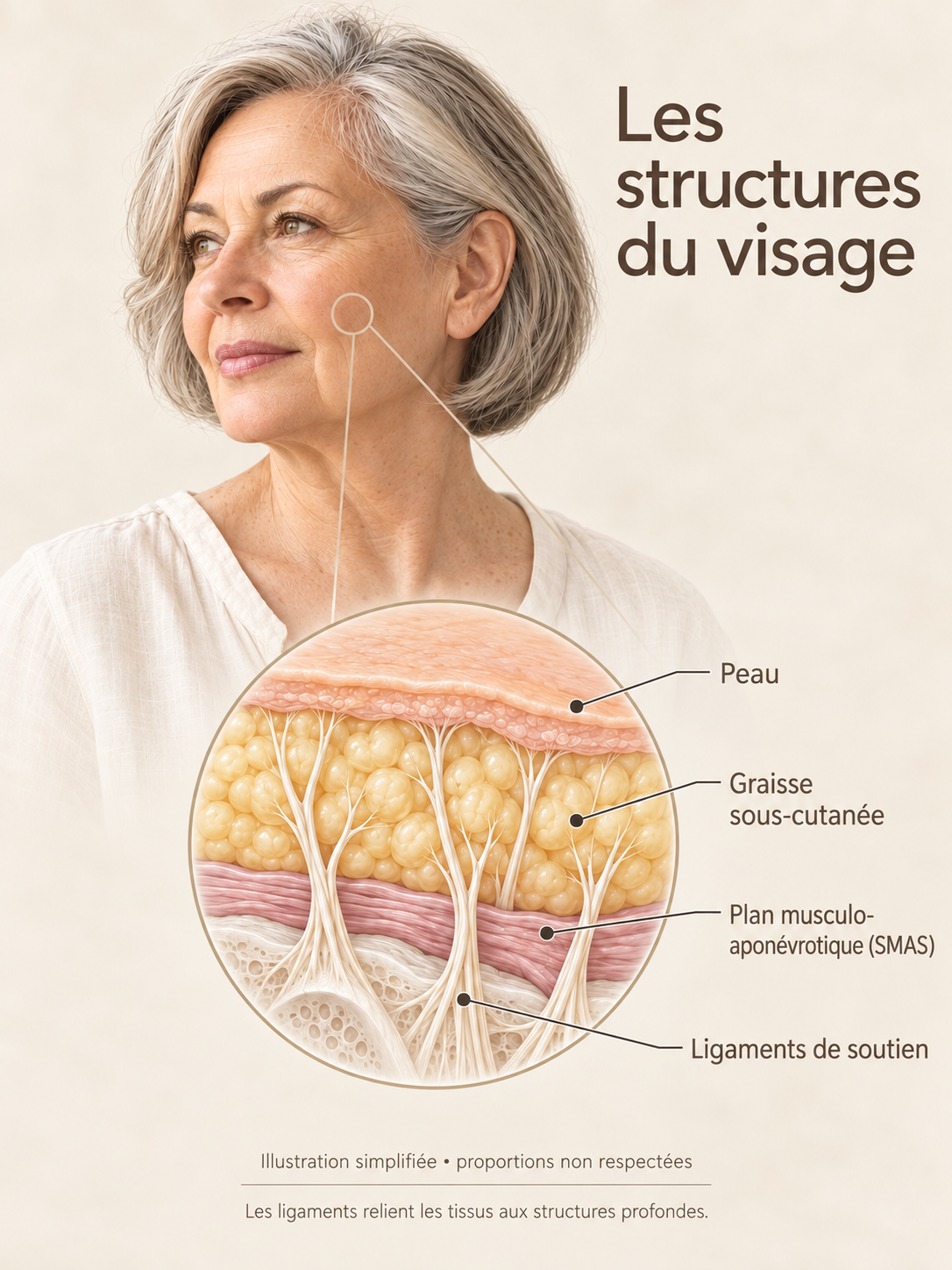 Schéma en coupe des couches du visage (peau, graisse, SMAS, ligaments) montrant la descente des tissus profonds avec l'âge