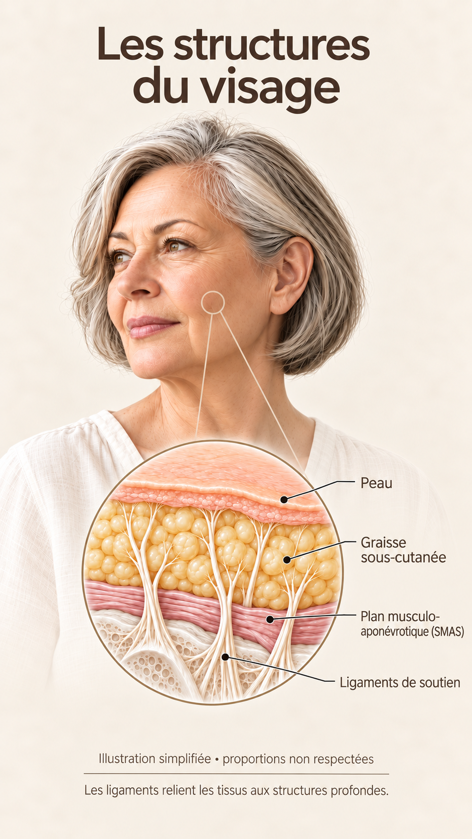 Schéma en coupe des couches du visage (peau, graisse, SMAS, ligaments) montrant la descente des tissus profonds avec l'âge