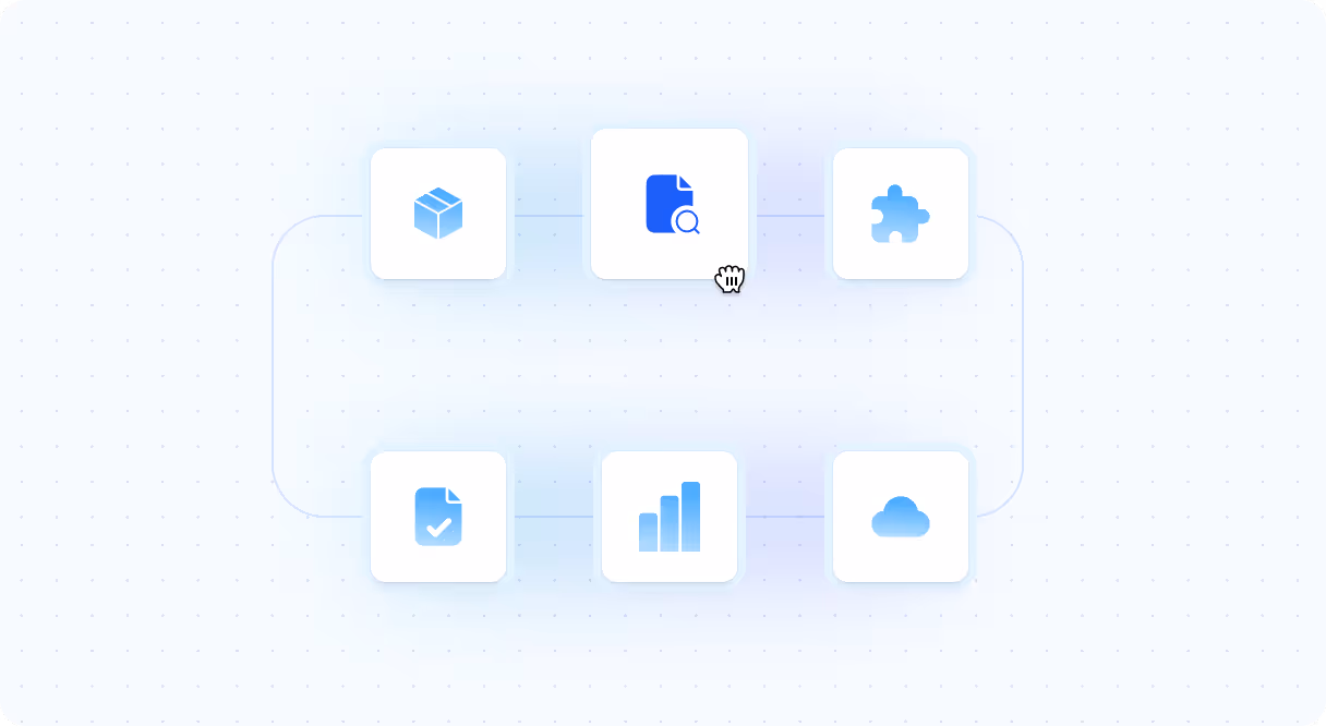 Flow chart diagram featuring various icons illustrating a process or system with clear connections between steps.
