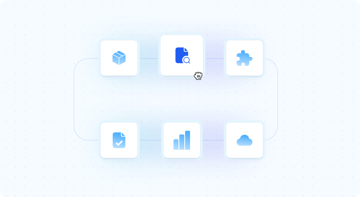 Flow chart diagram featuring various icons illustrating a process or system with clear connections between steps.
