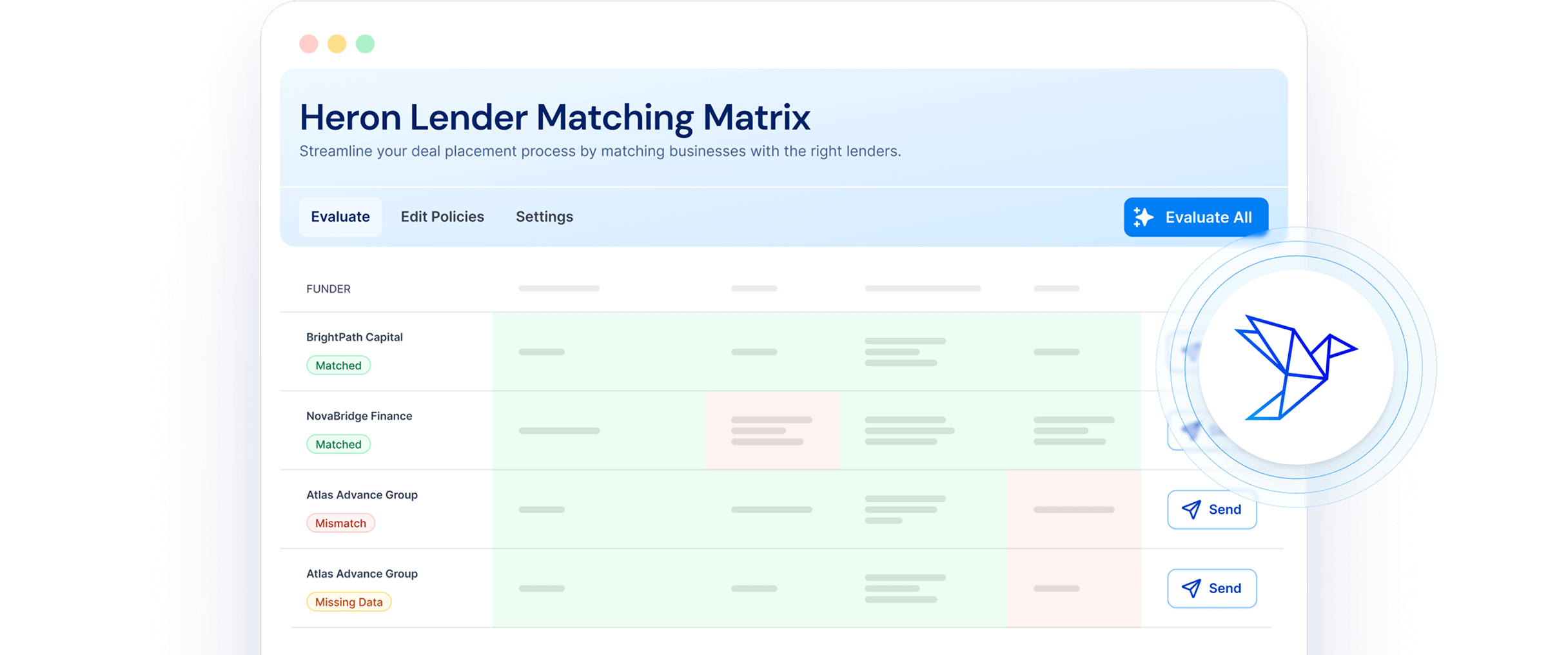 Heron Lender Matching Matrix dashboard interface showing automated lender evaluation statuses, including matched, mismatched, and missing data indicators, with a sidebar navigation and a Heron bird logo graphic.