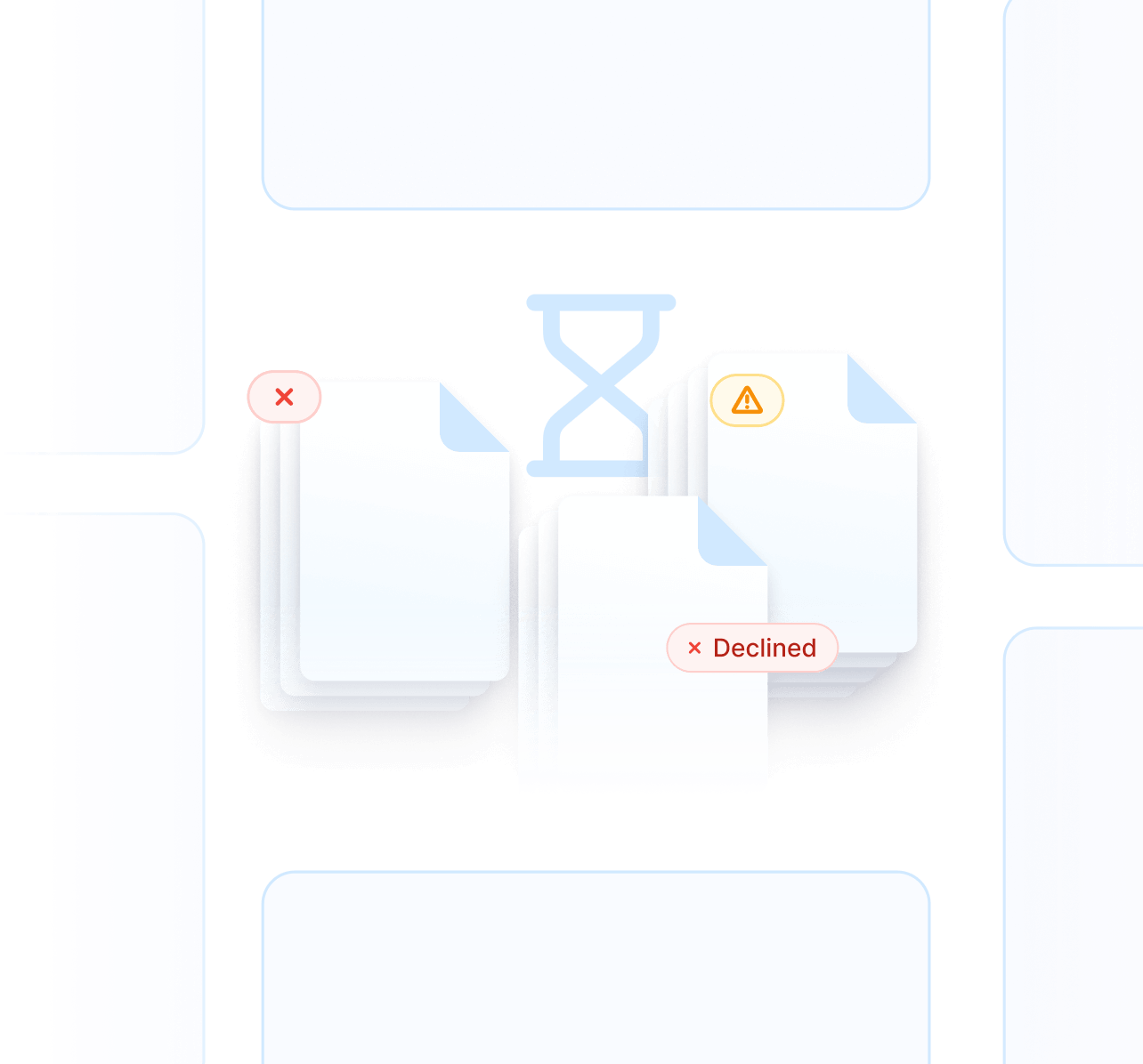 Illustration of stacked documents with error and warning icons surrounding an hourglass, representing delays, declined applications, or processing issues