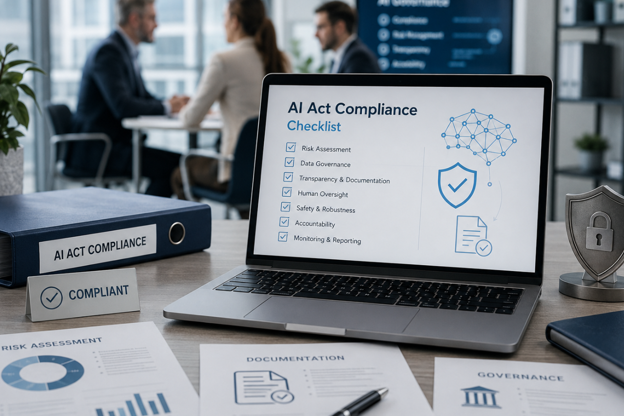 AI Act compliance dla firm - checklista zgodności z przepisami dotyczącymi sztucznej inteligencji, zarządzania ryzykiem i dokumentacji AI