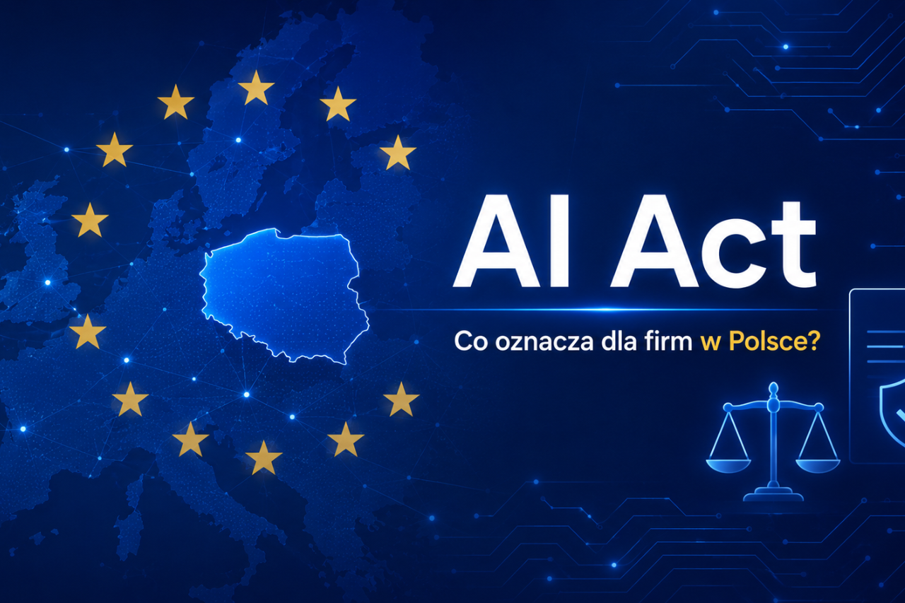 Mapa Europy z wyróżnioną Polską, gwiazdami Unii Europejskiej i napisem AI Act - regulacje dotyczące sztucznej inteligencji dla firm w Polsce.