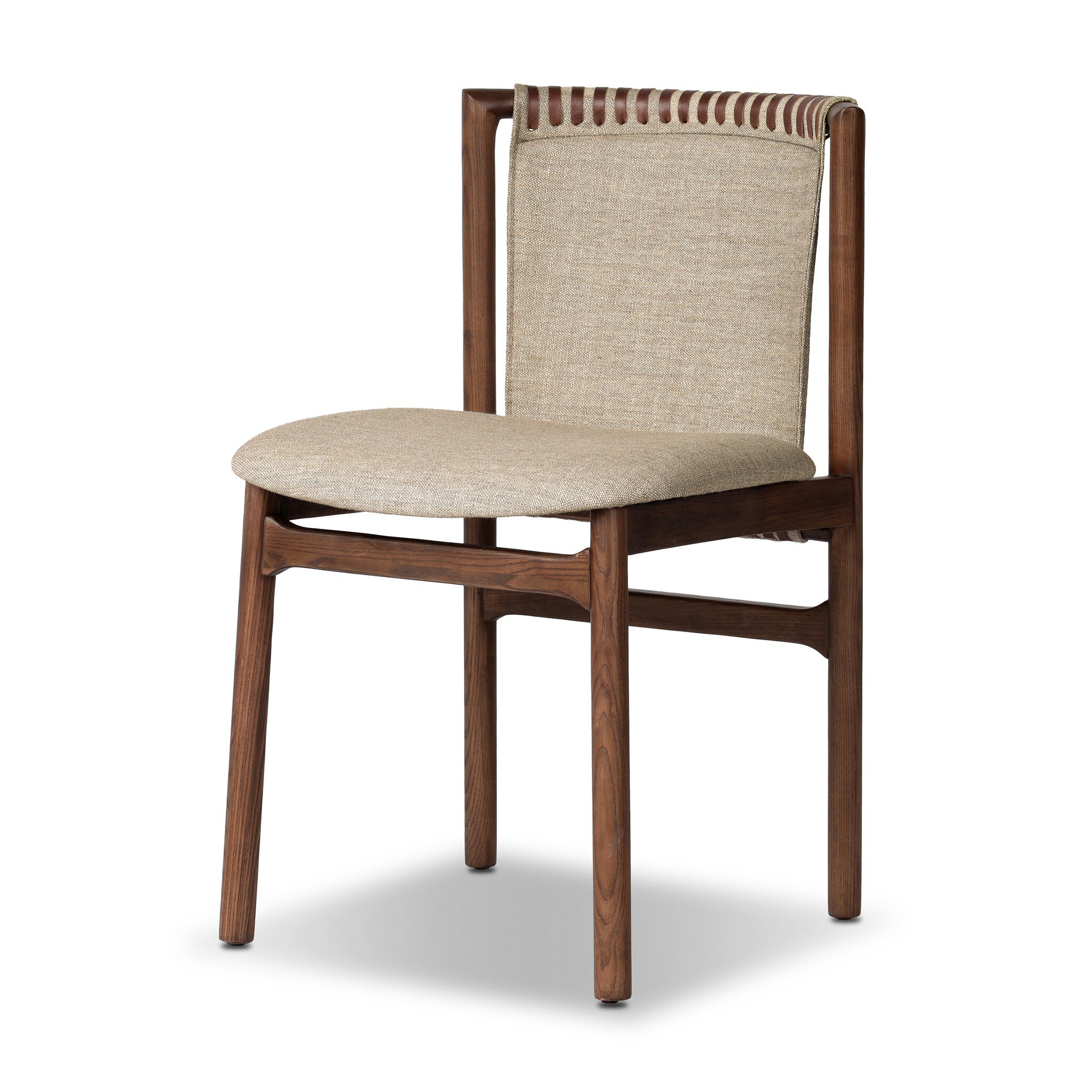 Dining chair with a wooden frame and beige upholstered seat and backrest with leather loop detailing.