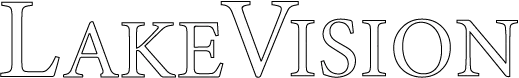 An all-white logotype of the name of the company, Lake Vision Development.
