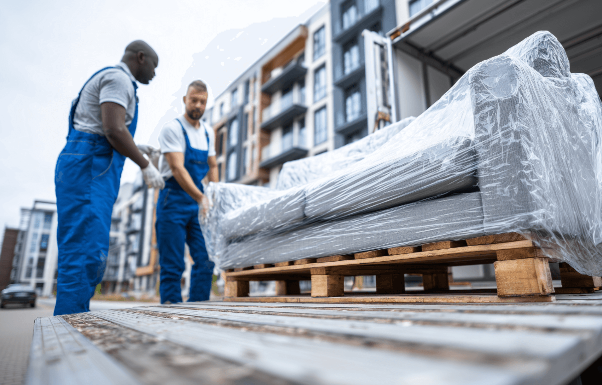 Two men in moving uniforms about to pick up a packed sofa