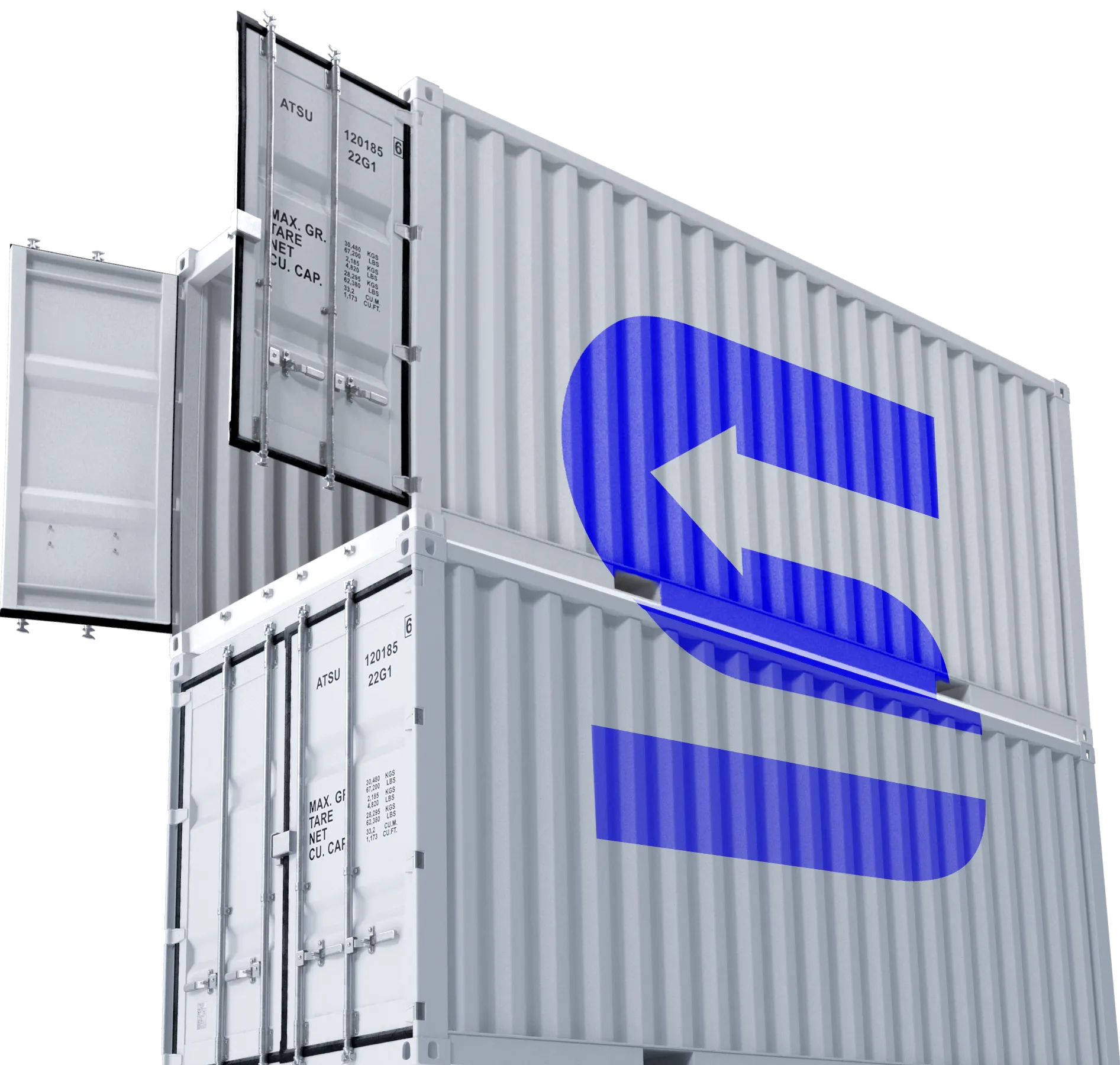 Contenedores de carga blancos apilados con el logotipo azul de Interdabs, representando sus soluciones de transporte y almacenamiento.
