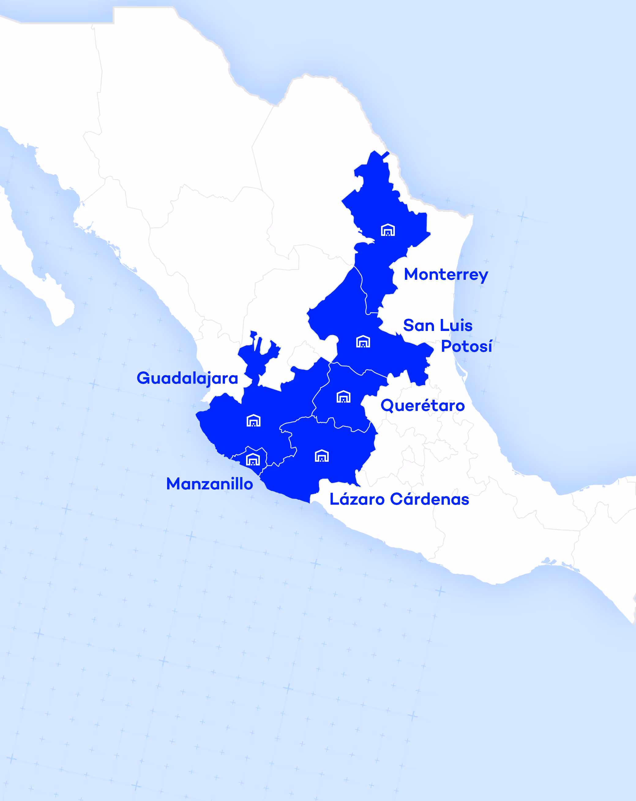 Red de patios y cobertura en México, con ubicaciones estratégicas en Monterrey, San Luis Potosí, Querétaro, Guadalajara, Manzanillo y Lázaro Cárdenas.