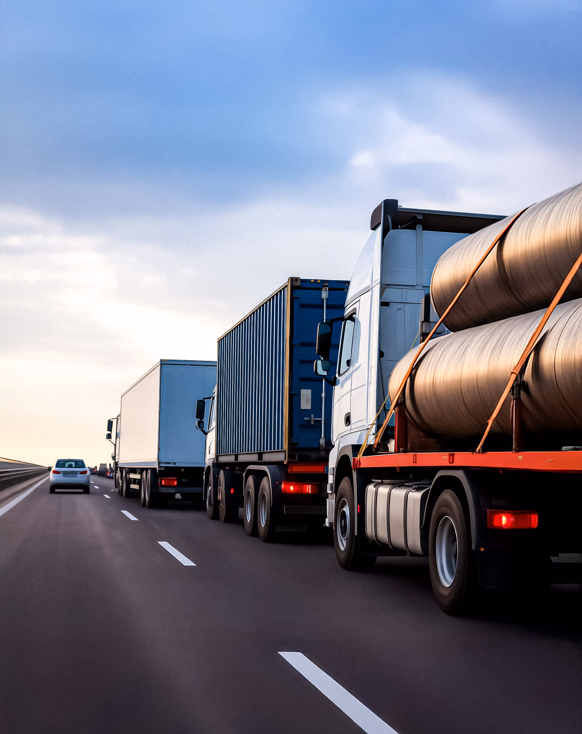 Flota de camiones para servicio de transporte terrestre, manejando carga especializada en plataforma y contenedores.
