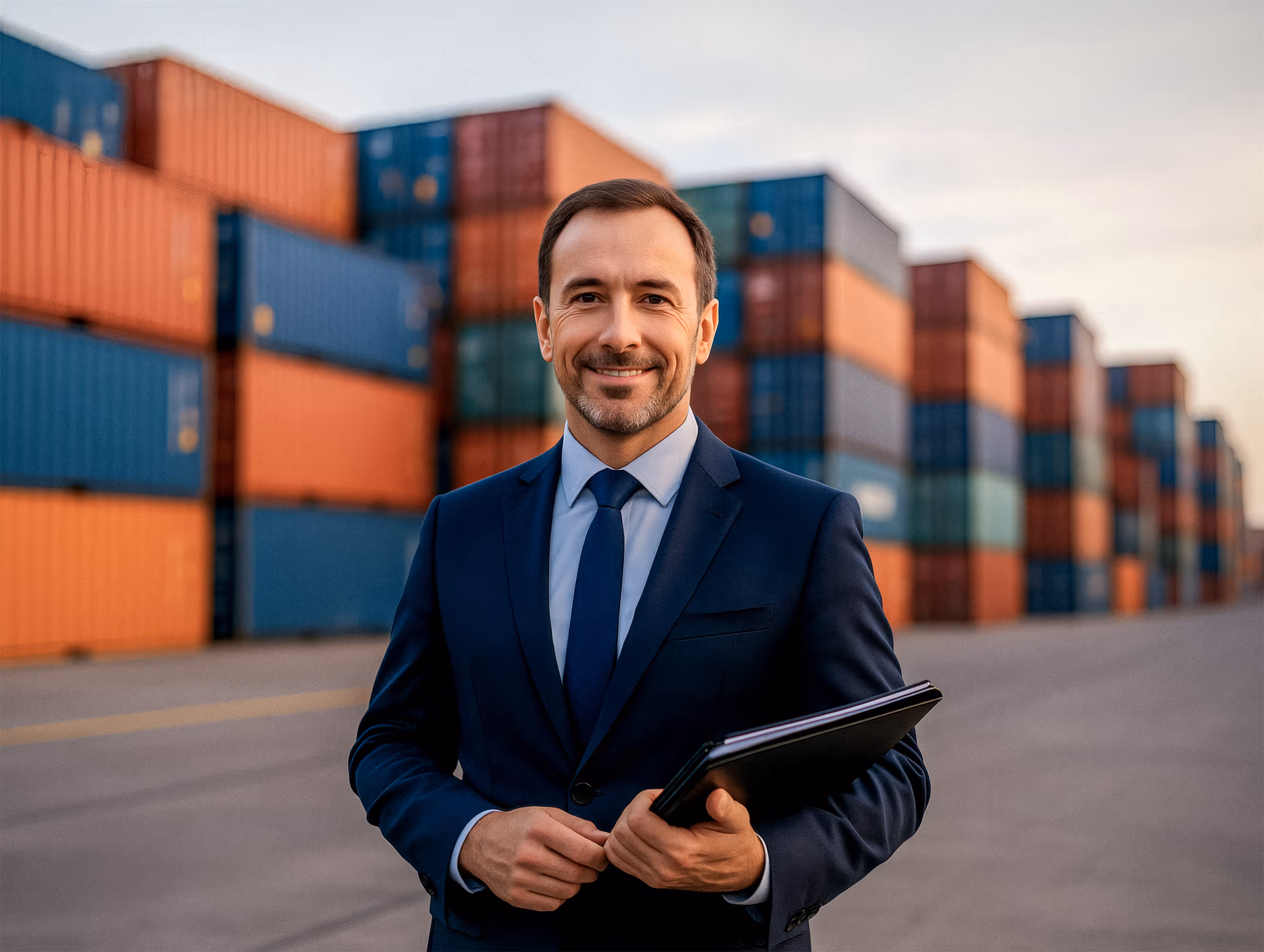 Experto en servicios aduanales y logística internacional en un patio de contenedores, listo para gestionar trámites de importación.