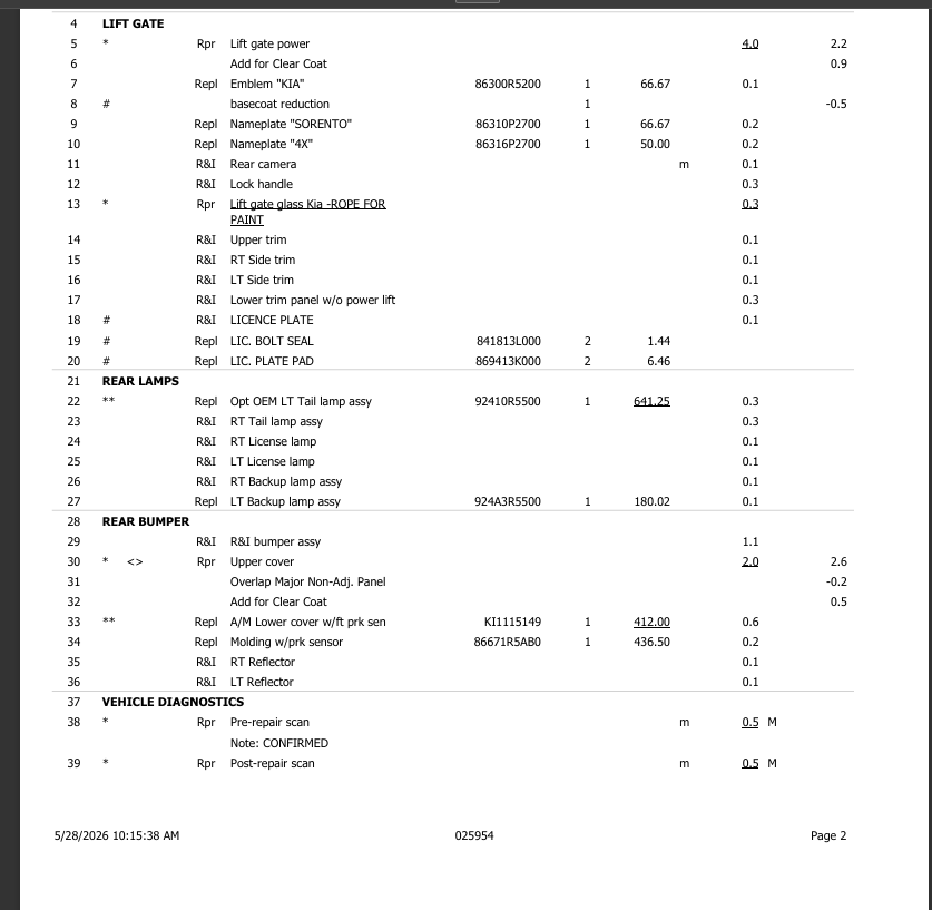 Repair estimate review showing missed operations