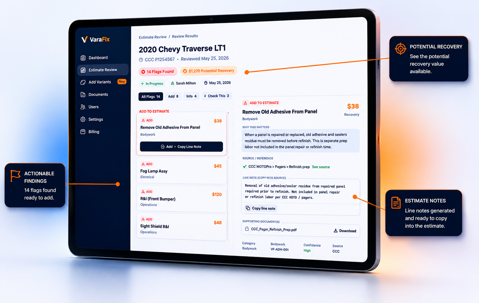 VaraFix Estimate Review Interface