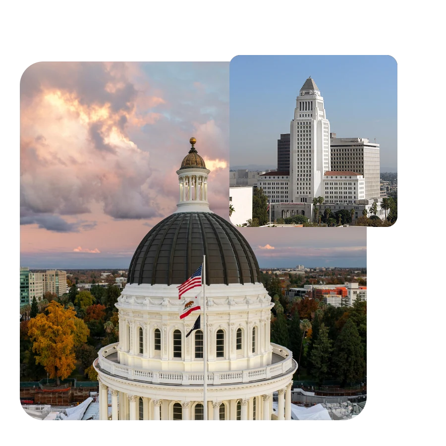 California State Capitol dome and Los Angeles City Hall, representing IT services for government agencies
