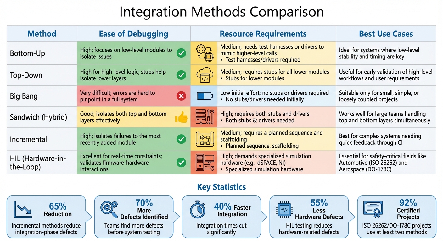 Embedded Integration Testing Methods Comparison: Bottom-Up vs Top-Down vs HIL vs Sandwich Approaches