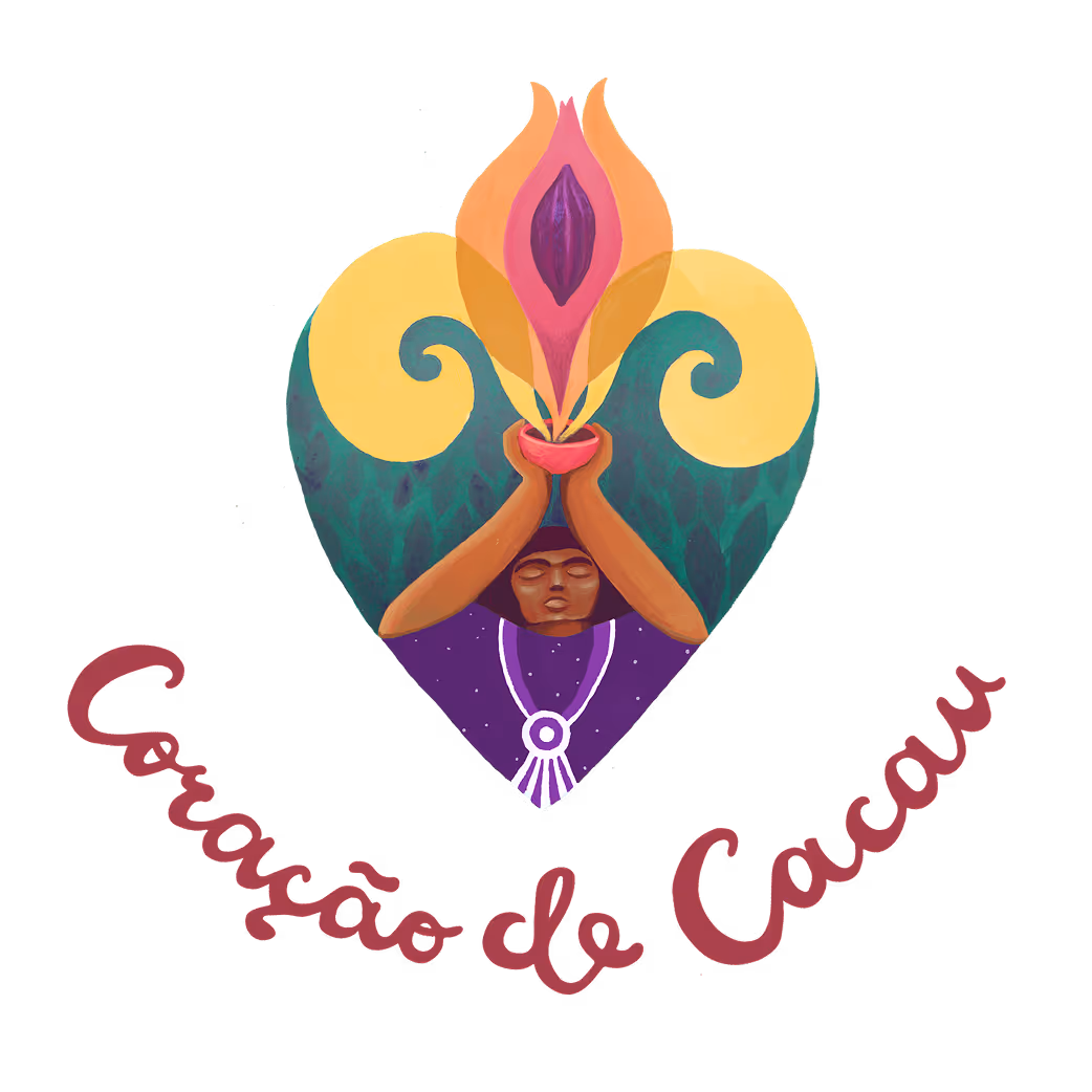 Illustration of a person holding a cup with a cacao pod flame above, surrounded by decorative heart-shaped and swirl patterns, with the text 'Coração de Cacau' below.
