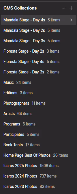 CMS collections menu listing categories with item counts, including music, artists, photographs, and various stage days.