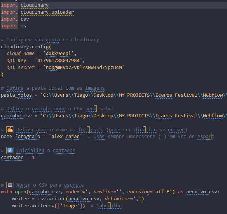 Python code snippet configuring Cloudinary with API credentials, setting local folder and CSV file path, defining photographer's name, initializing a counter, and opening a CSV file for writing with header 'Image'.