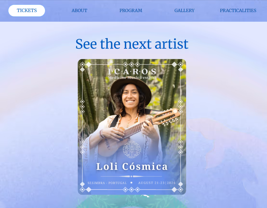 Website section showing a music festival poster featuring artist Loli Cósmica playing a string instrument, with the text 'See the next artist' above.