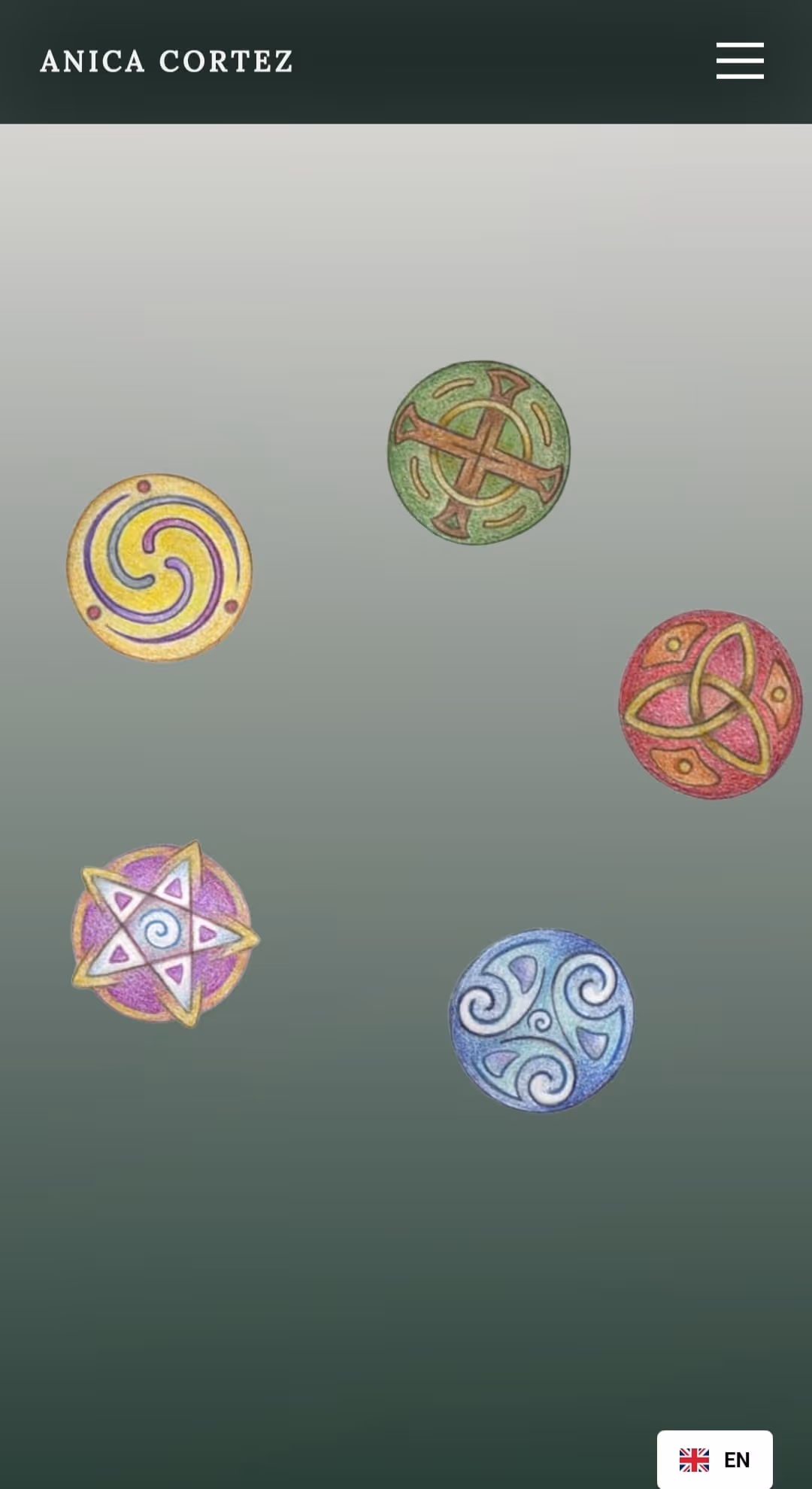 Five colorful circular Celtic symbols on a gradient gray-green background with ANICA CORTEZ text at the top.