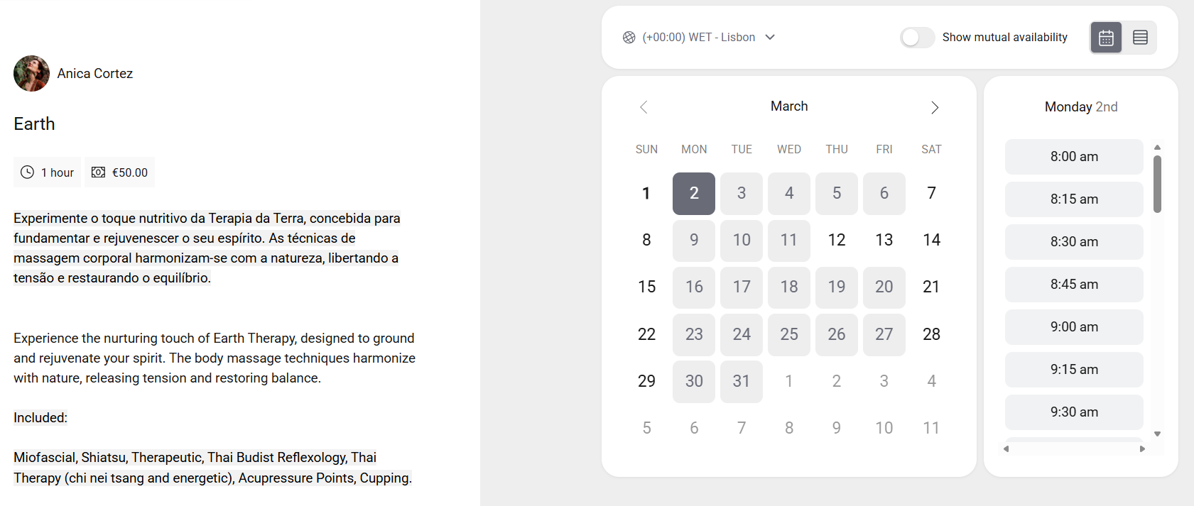 Booking interface for Earth Therapy session by Anica Cortez, showing duration of 1 hour, price of €50.00, description of therapy benefits, list of included techniques, calendar for March with date 2nd selected, and available time slots starting at 8:00 am.