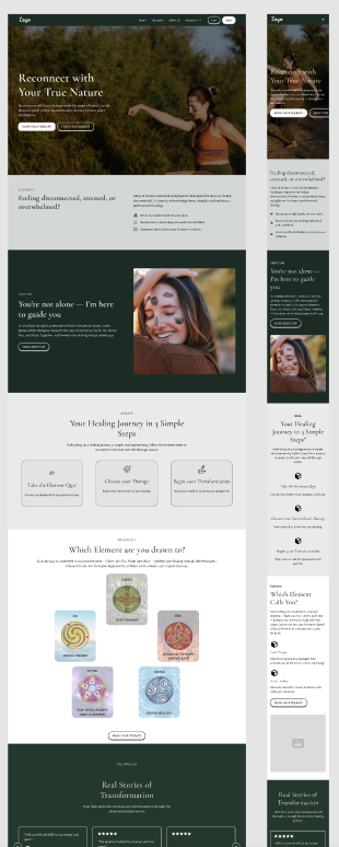 Website homepage featuring a woman stretching outdoors with text 'Reconnect with Your True Nature' and sections on healing journey, therapy options, elements quiz, and transformation stories.