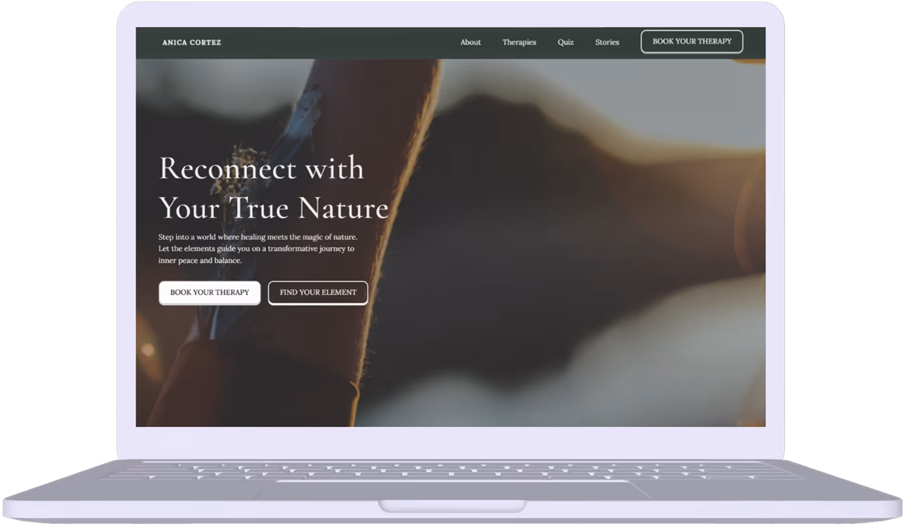 Laptop screen displaying a therapy website homepage with the text 'Reconnect with Your True Nature' and buttons for booking therapy or finding your element.