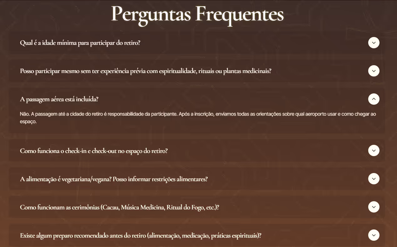 FAQ section with questions in Portuguese about retreat participation, including age requirements, prior experience, airfare, check-in/out, food restrictions, ceremonies, and preparations.