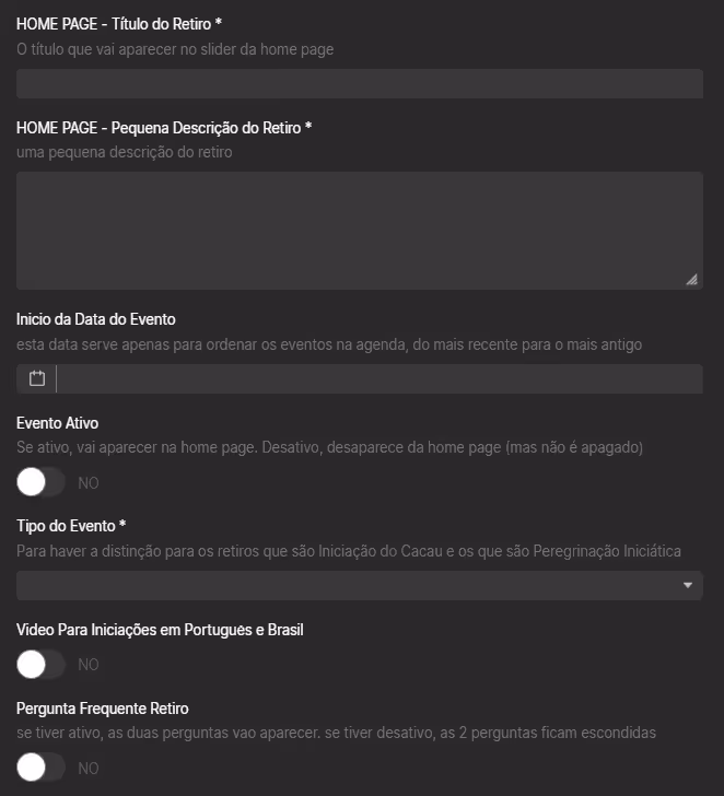 User interface form in Portuguese for configuring home page event details, including event title, description, date, active status toggle, event type dropdown, video option toggle, and FAQ toggle.