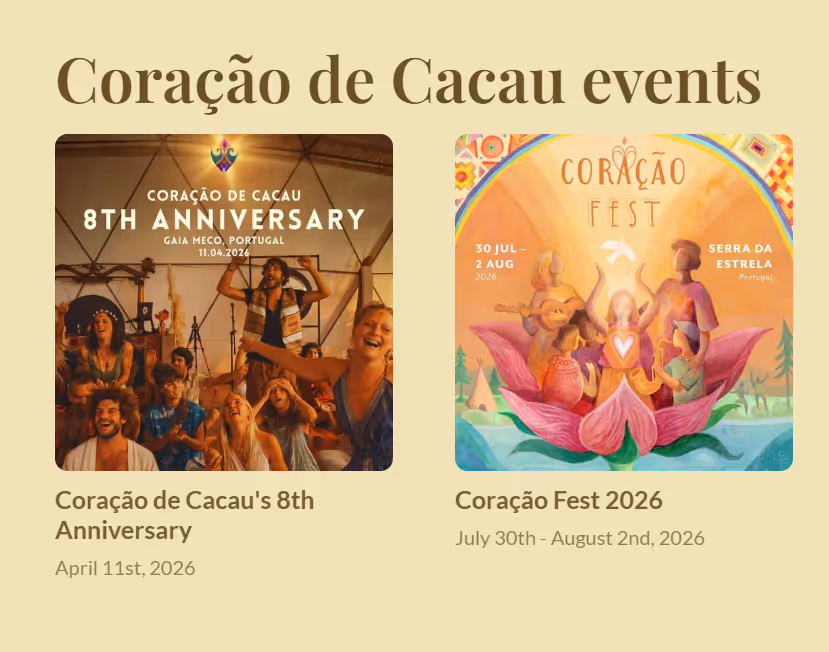 Two event posters side by side; left poster shows a joyful group at Coração de Cacau's 8th Anniversary in Gaia Meco, Portugal on April 11, 2026; right poster shows an artistic illustration of people with a lotus flower for Coração Fest 2026 from July 30 to August 2 in Serra da Estrela, Portugal.