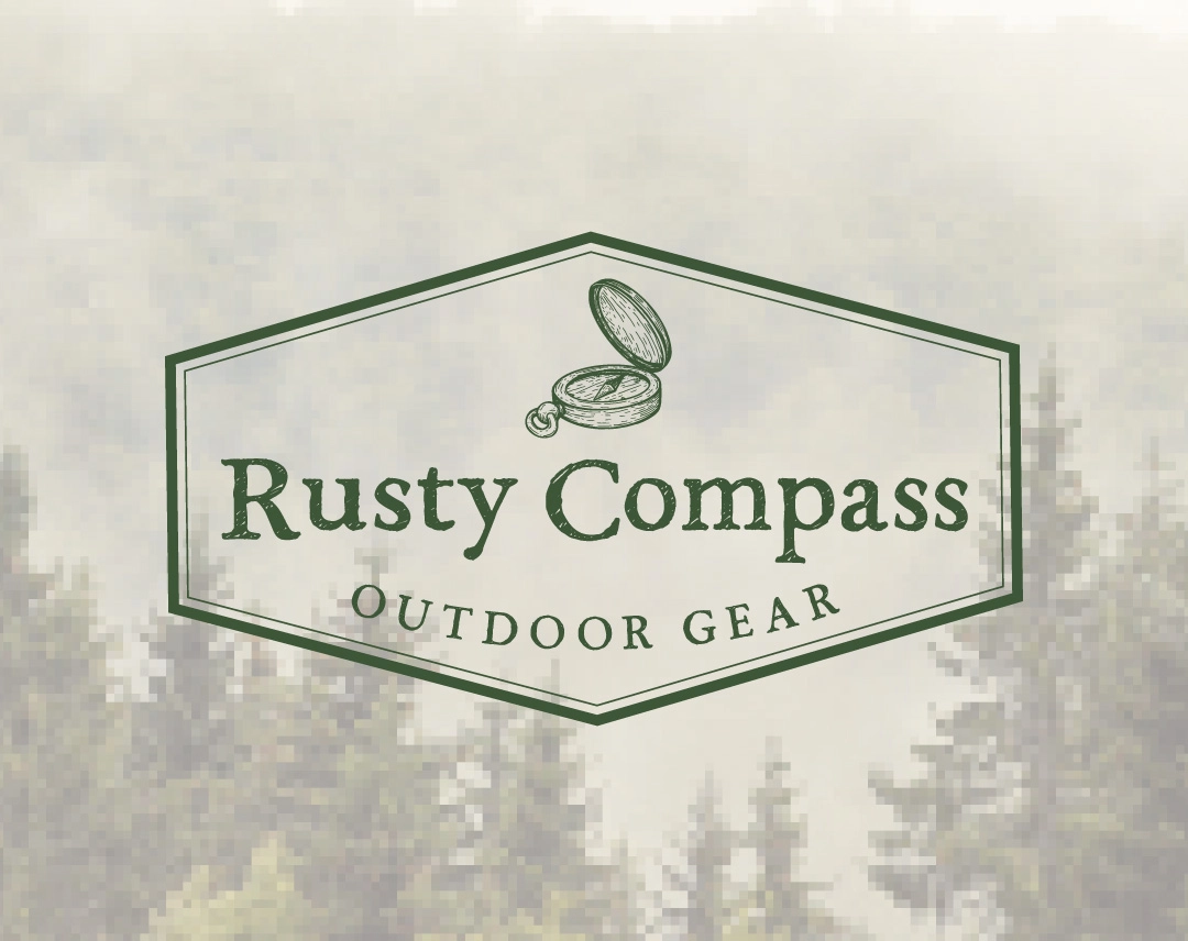 Logo with a sketched compass above the text 'Rusty Compass Outdoor Gear' in a hexagonal outline over a misty forest background.