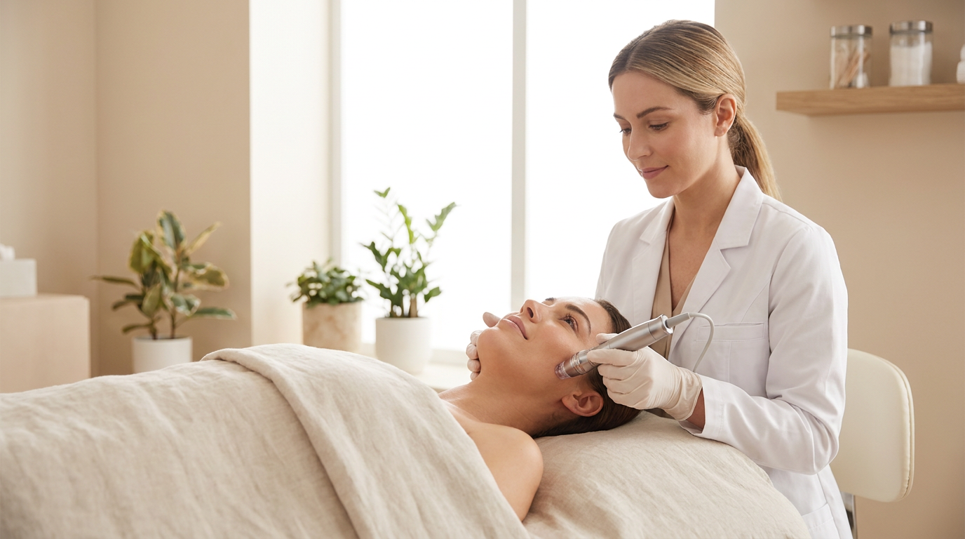 RF microneedling Morpheus8 treatment on a woman's jawline at a Duncan, OK medical spa