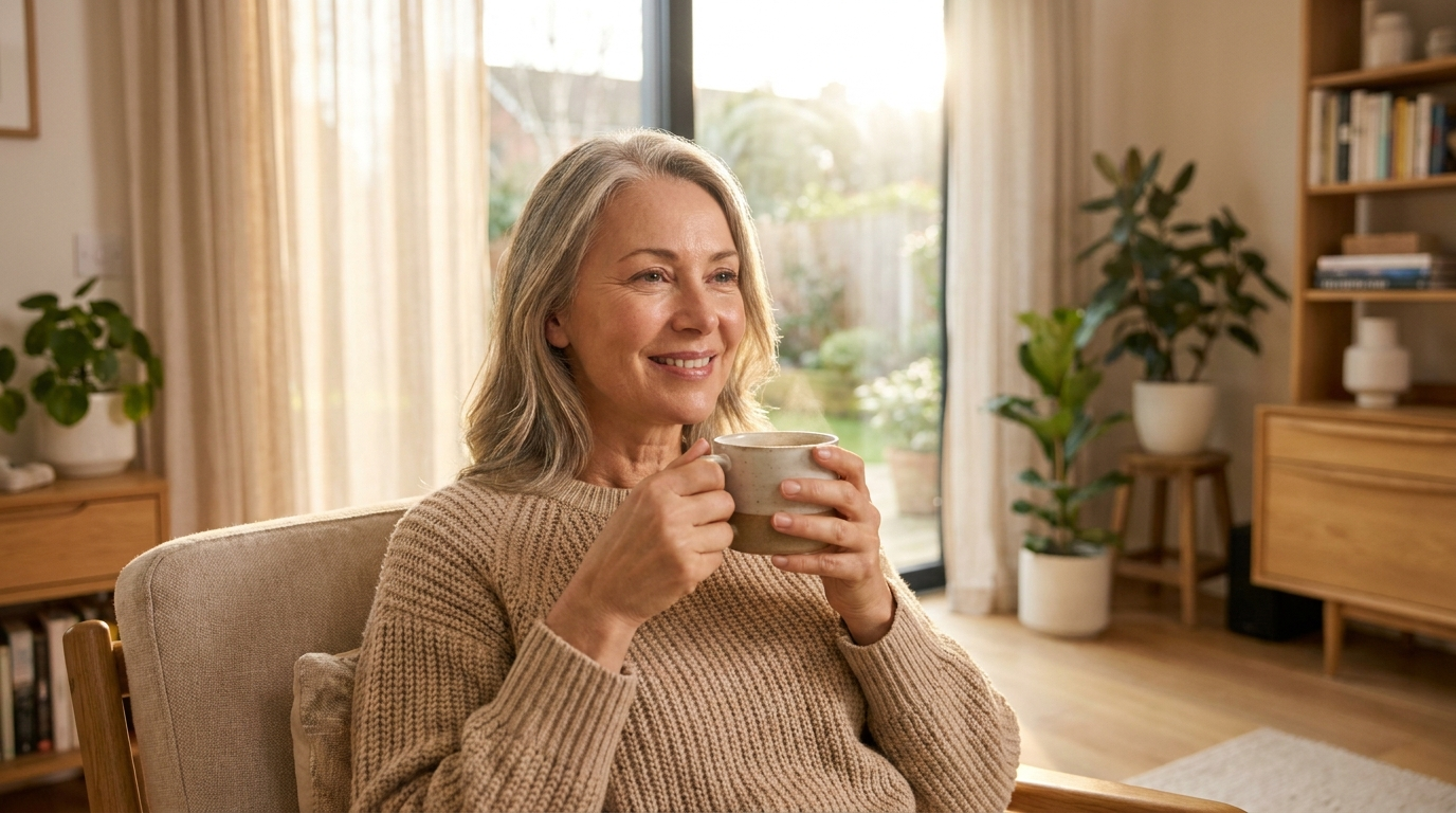 Vibrant, healthy woman in her fifties relaxing with tea, representing hormone balance from BHRT