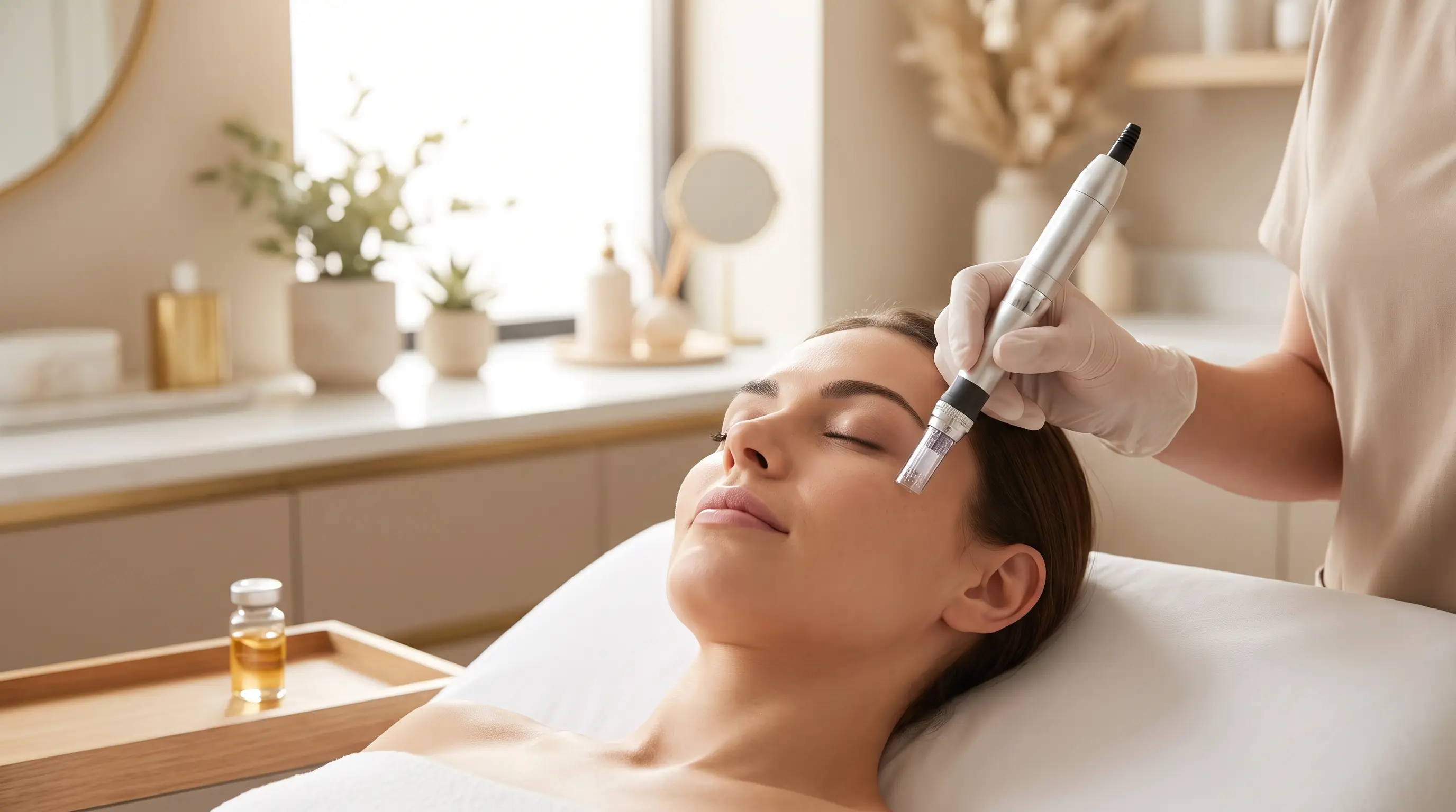 Provider performing microneedling with PRP, the Vampire Facial, on a woman's cheek at a Duncan, OK medical spa