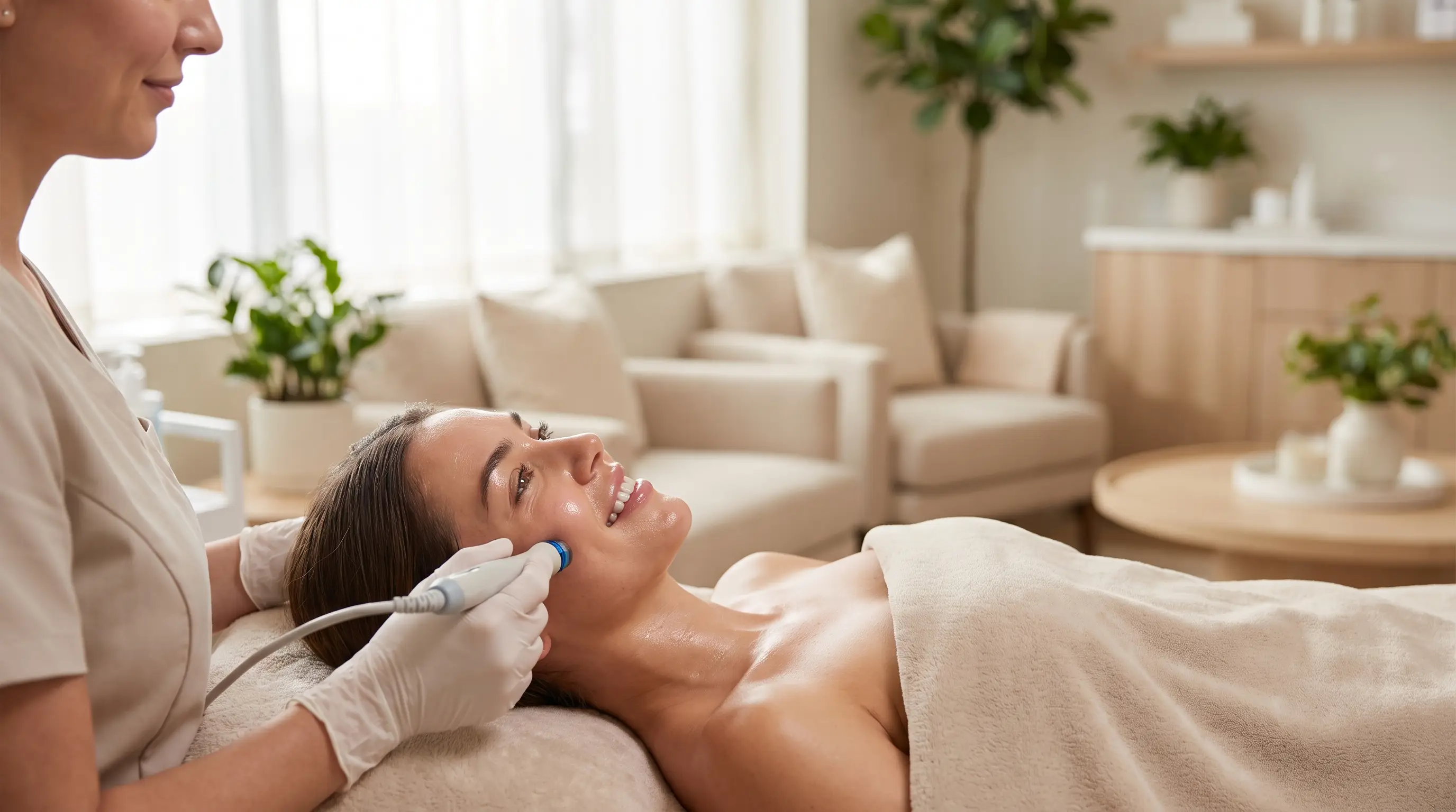Esthetician performing a HydraFacial on a woman's glowing cheek at a Duncan, OK medical spa
