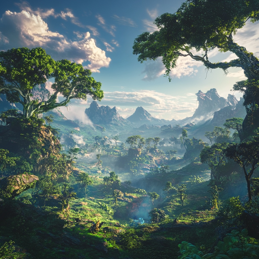 Paisaje exuberante con árboles grandes, colinas verdes y montañas rocosas bajo un cielo parcialmente nublado.