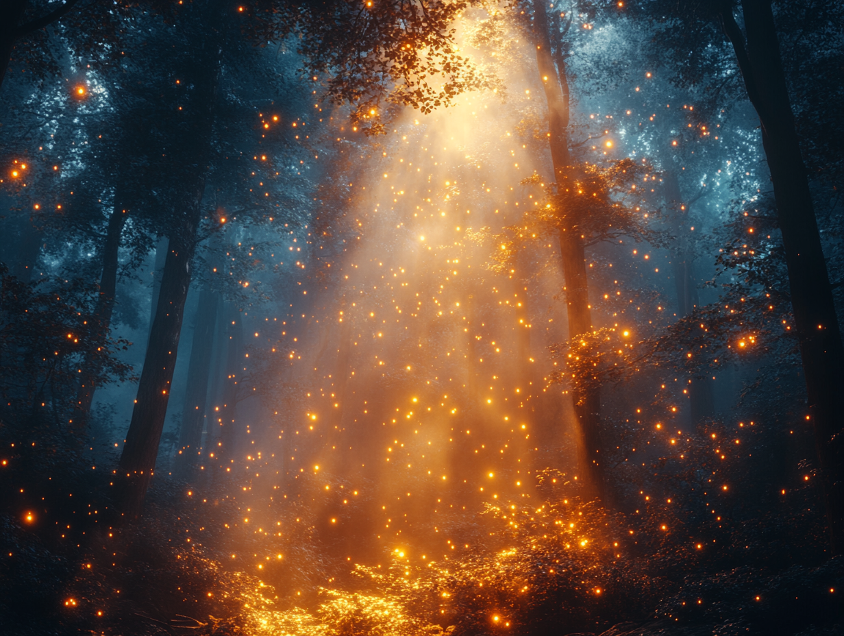 Rayos de luz dorada filtrándose entre árboles en un bosque oscuro con pequeñas partículas brillantes flotando en el aire.