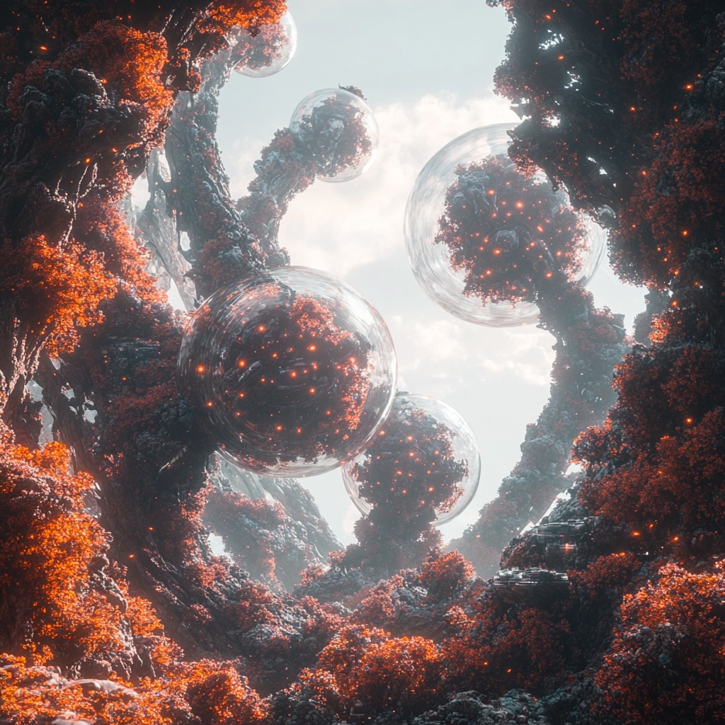 Formaciones rocosas oscuras y texturizadas con partes cubiertas de musgo anaranjado brillante y esferas translúcidas con destellos de luz dentro contra un cielo nublado claro.