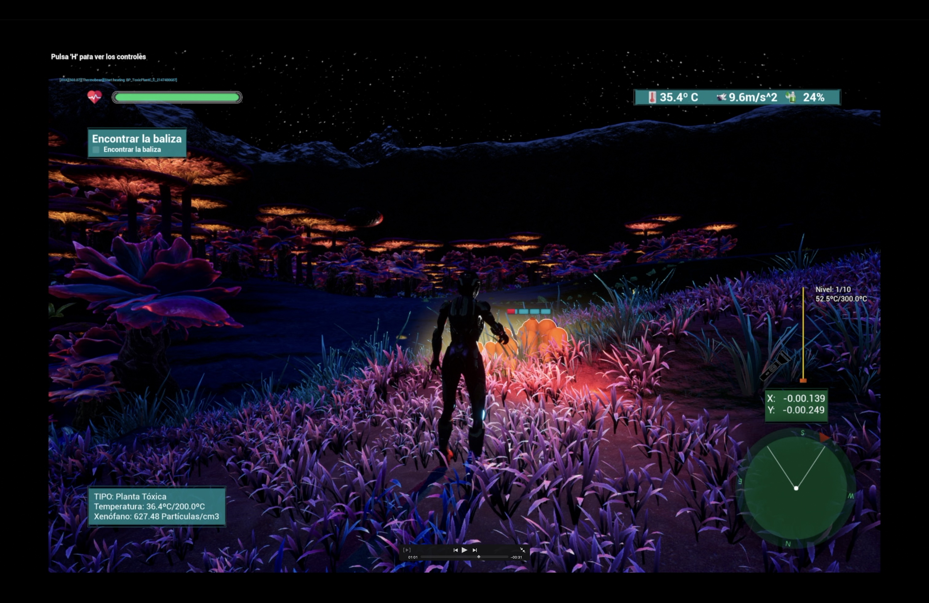 Personaje en el  videojuego Bloom  explorando un paisaje nocturno con plantas tóxicas y controles en pantalla.