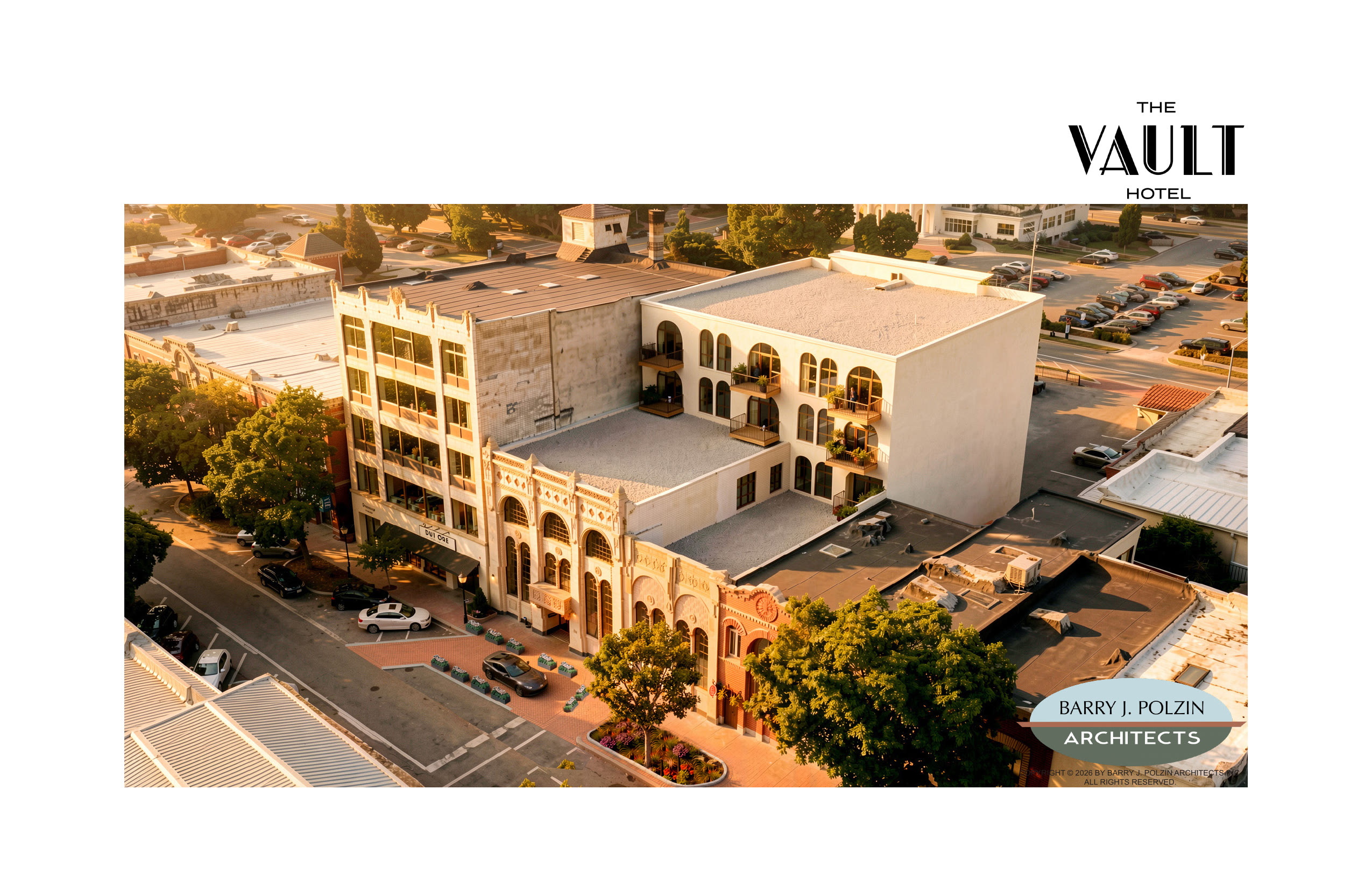 Aerial rendering of The Vault Hotel addition behind the historic bank facade by Barry J. Polzin Architects.