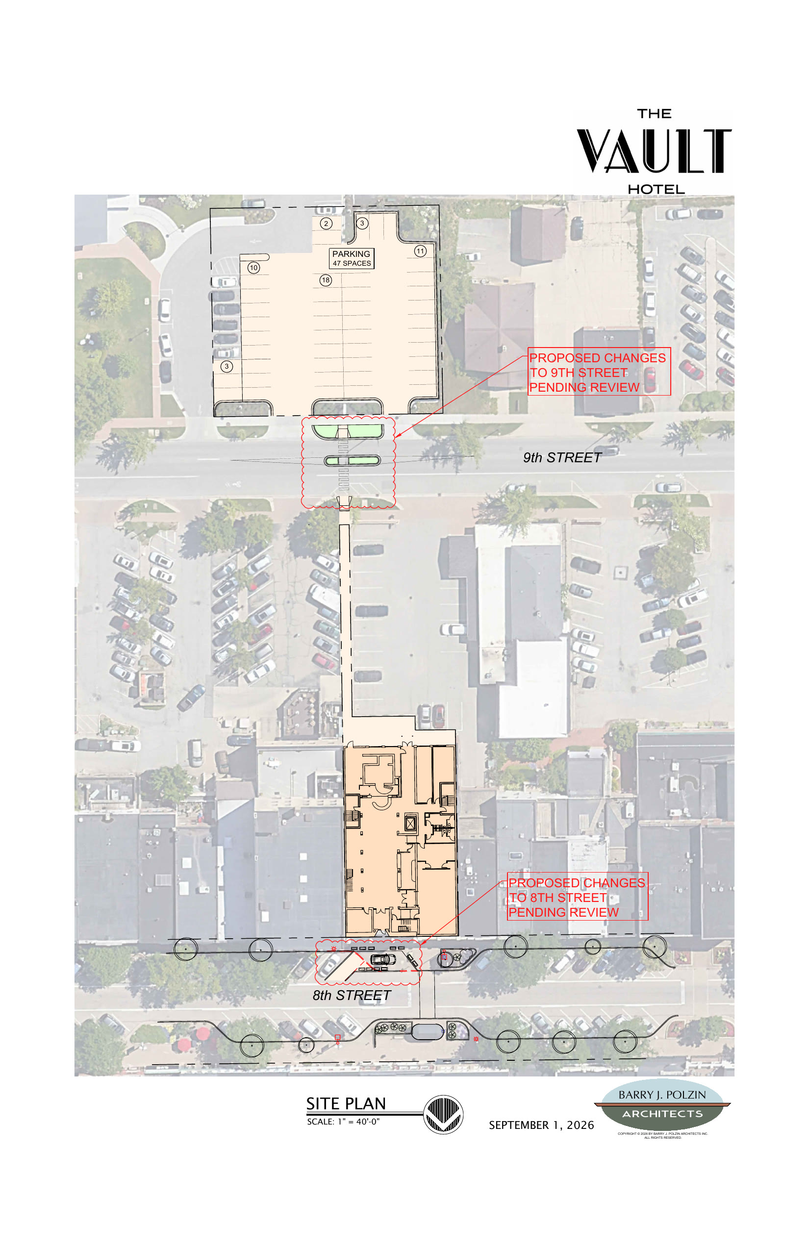 Site plan showing The Vault Hotel block and the 47-space parking lot north of Ninth Street by Barry J. Polzin Architects.