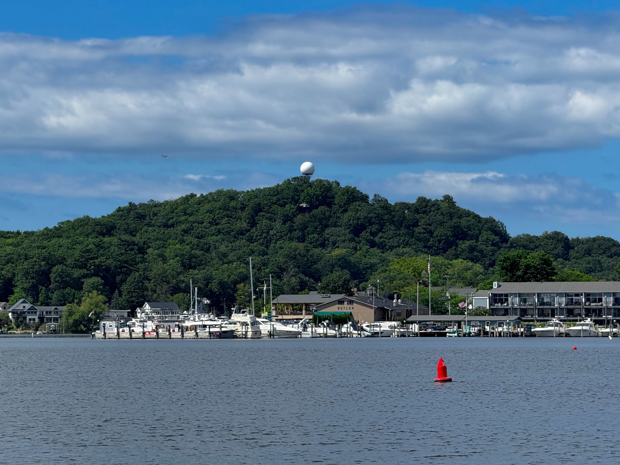 The radar dome atop Mt. Baldhead in Saugatuck