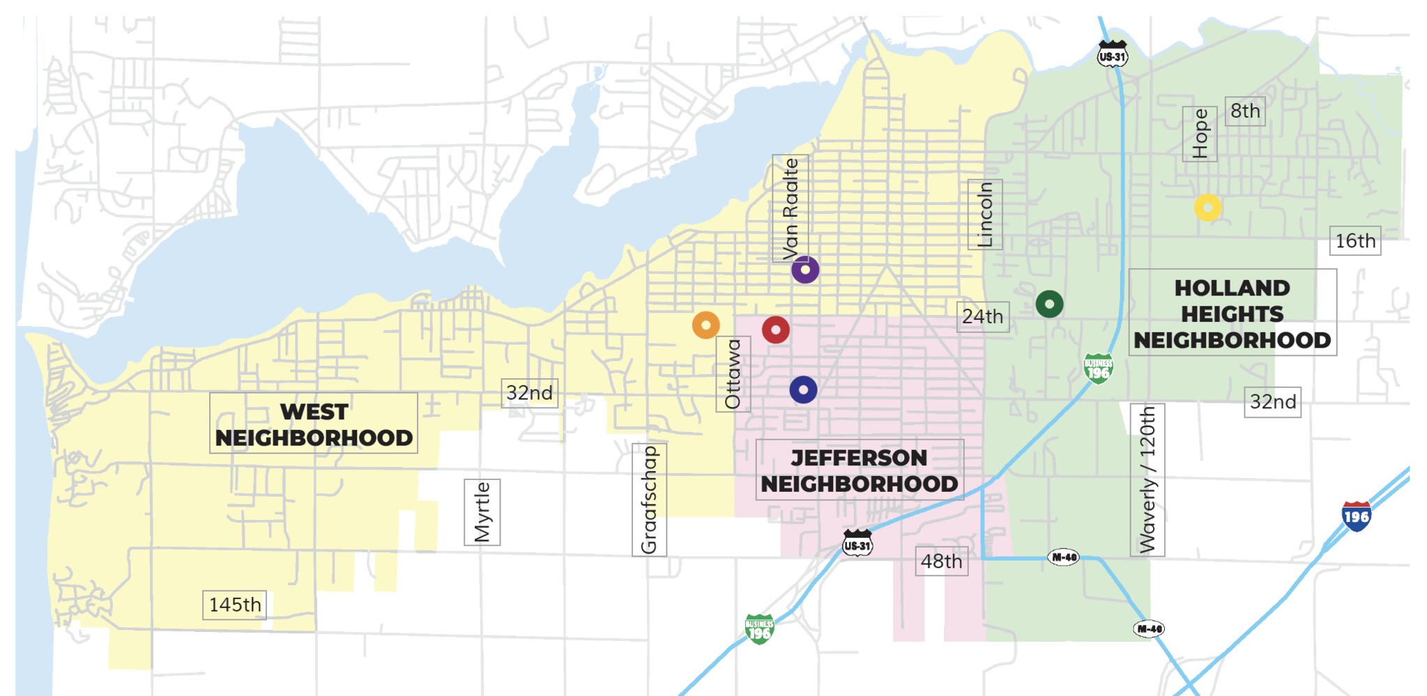 Map of Holland Public Schools' current elementary attendance zones for West, Jefferson and Holland Heights