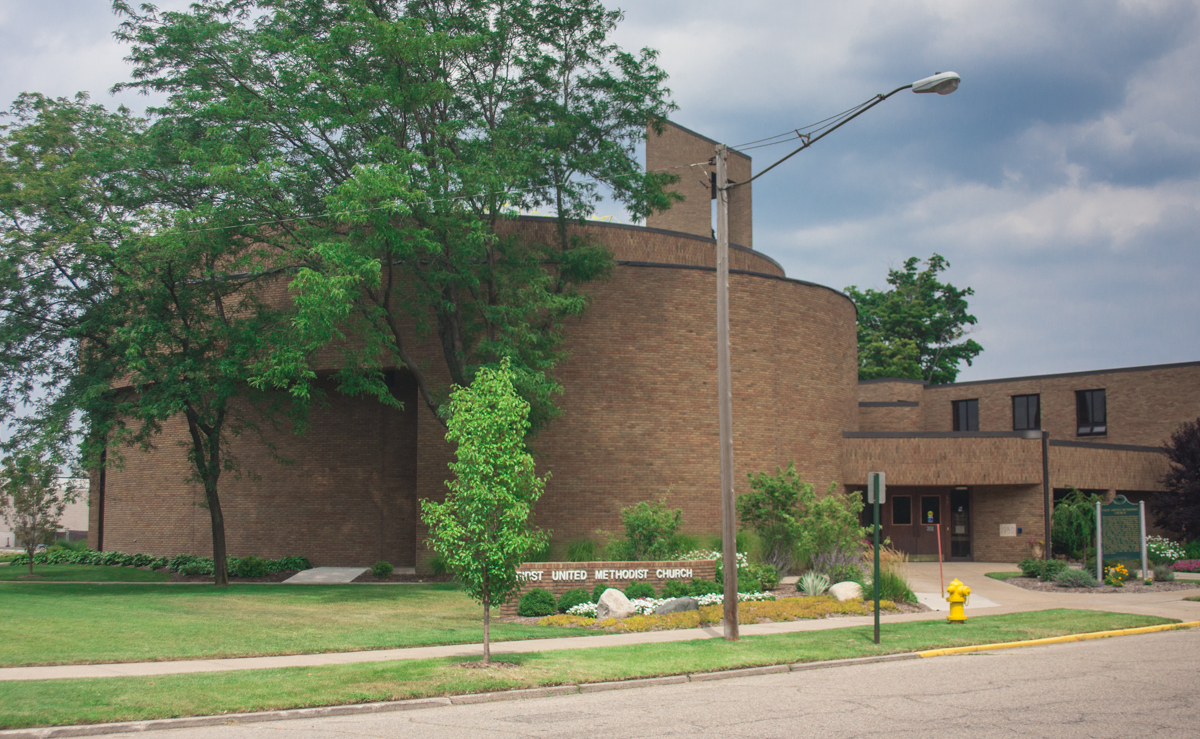 Brick exterior of First United Methodist Church, 57 W. 10th St., in downtown Holland