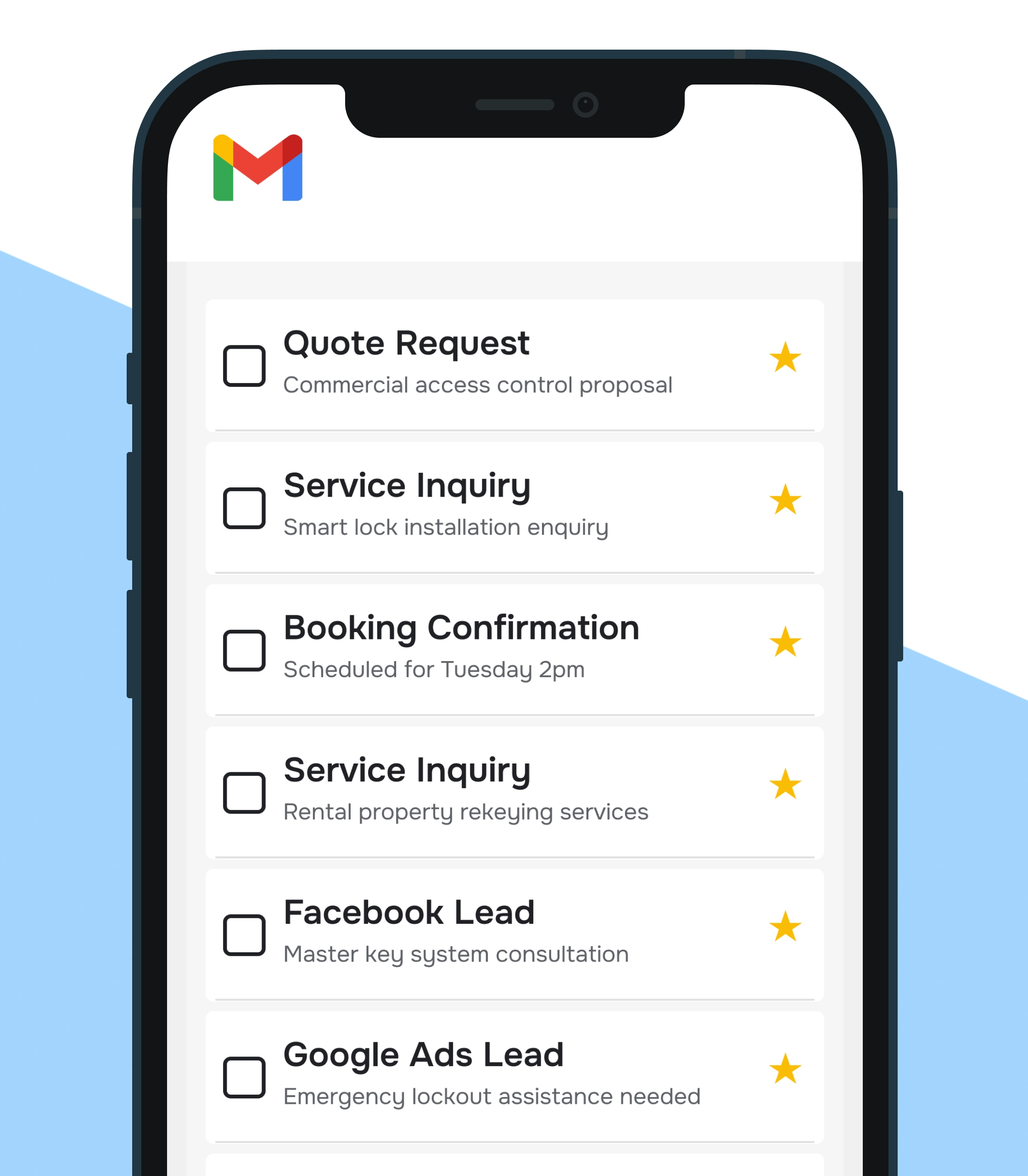 Gmail inbox displaying locksmith service requests including emergency lockouts and smart lock installations