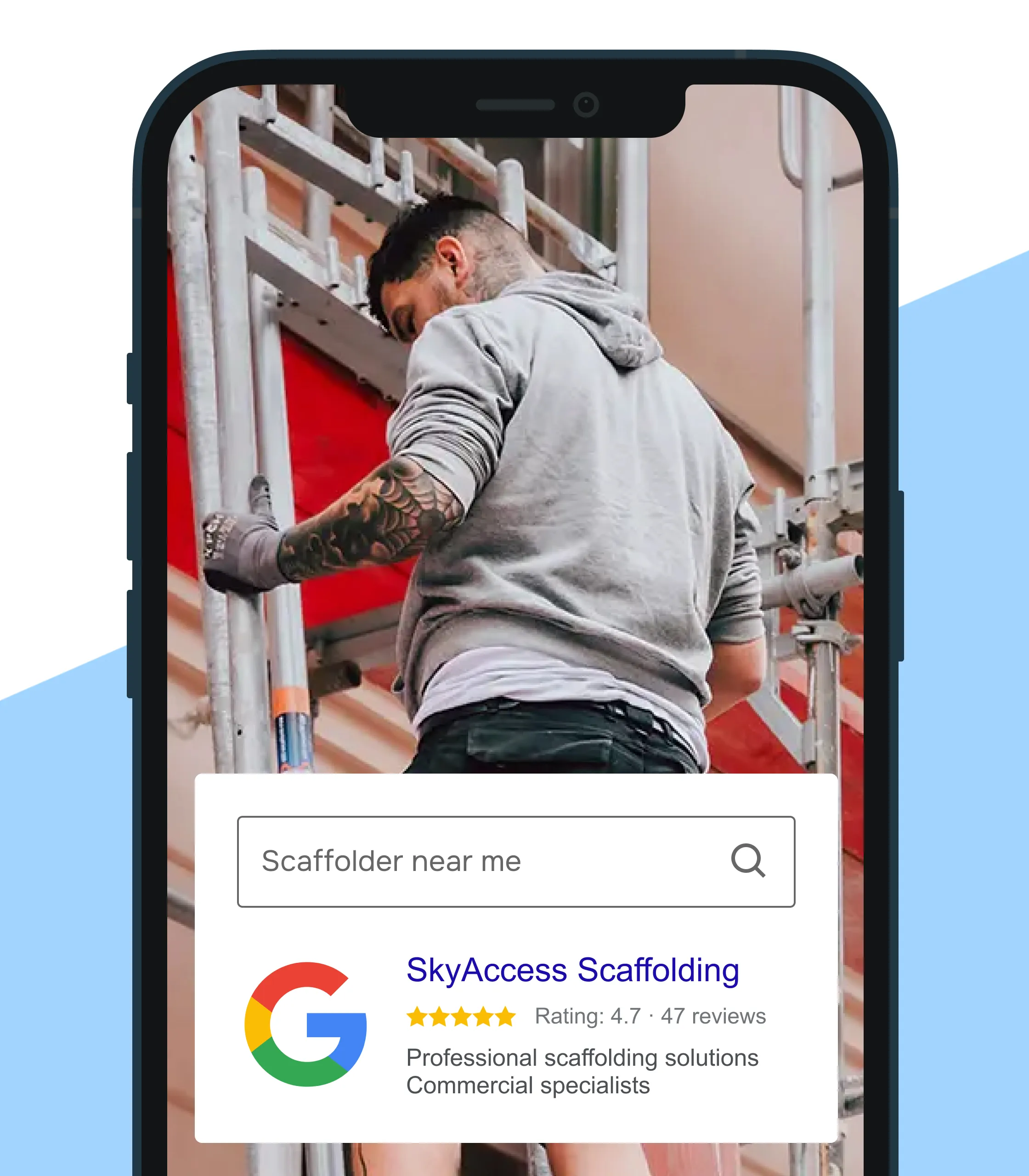 Mobile phone showing scaffolder search with scaffolding worker in grey hoodie on metal scaffold structure