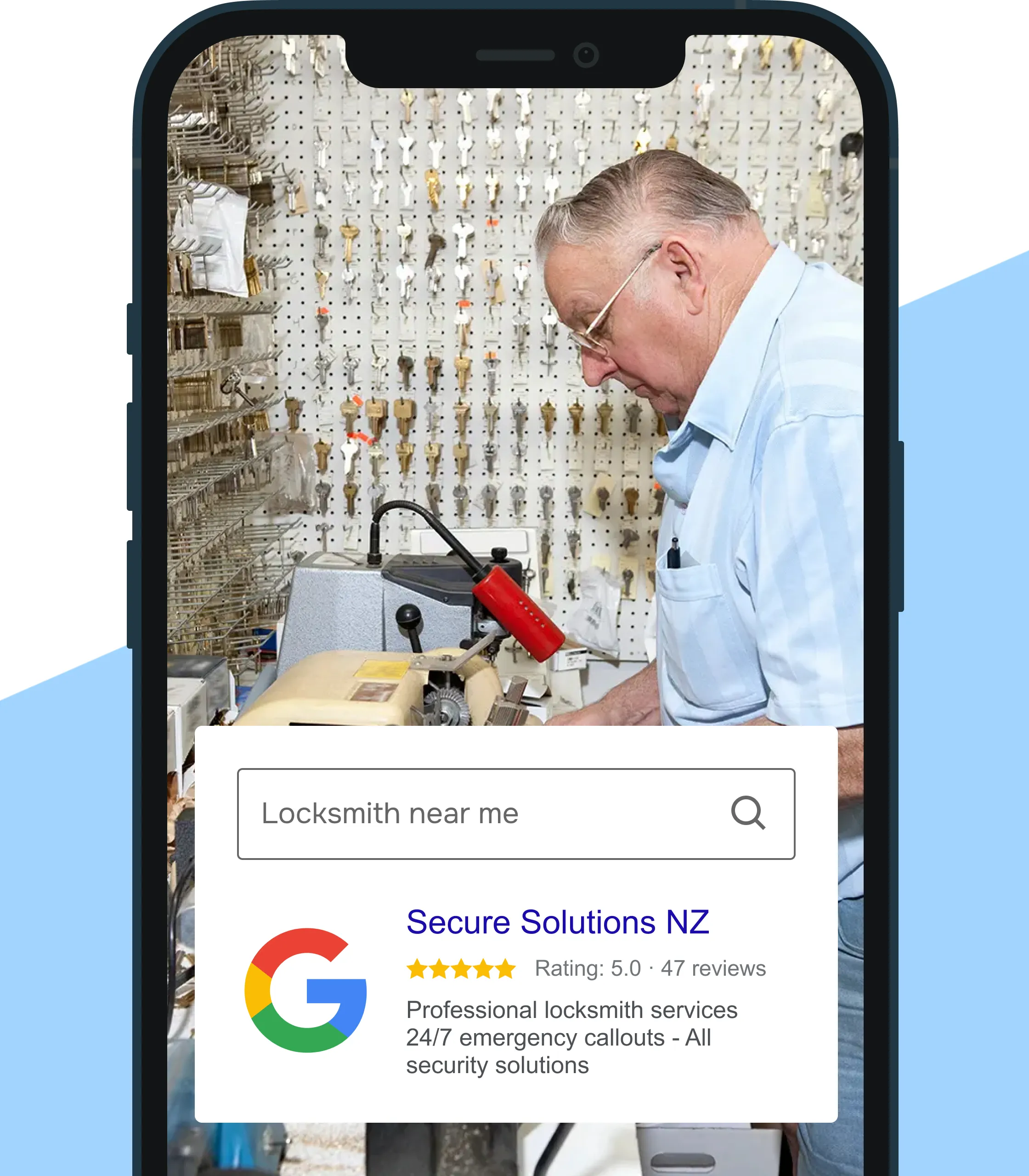 Mobile phone displaying locksmith search results with local locksmith business profile showing 5-star rating and emergency services