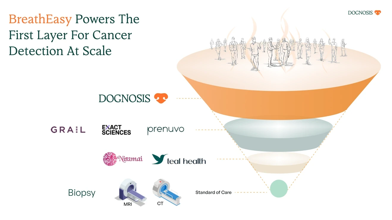 A funnel diagram showing BreathEasy at the top layer of cancer screening, above blood-based multi-cancer tests and organ-targeted imaging or biopsy at the bottom